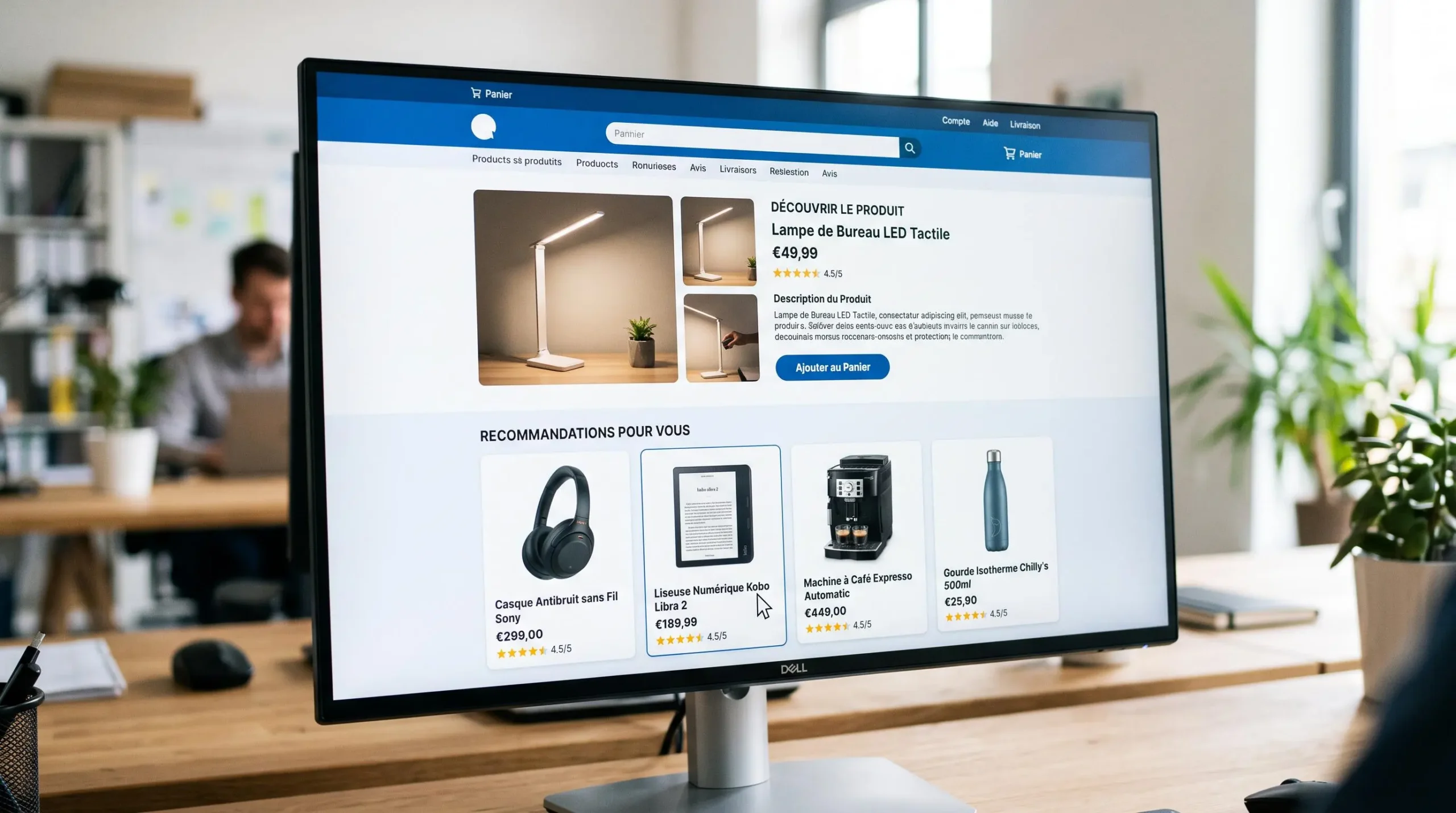 Écran d'ordinateur affichant une interface e-commerce avec section de recommandations produits personnalisées basée sur l'intelligence artificielle