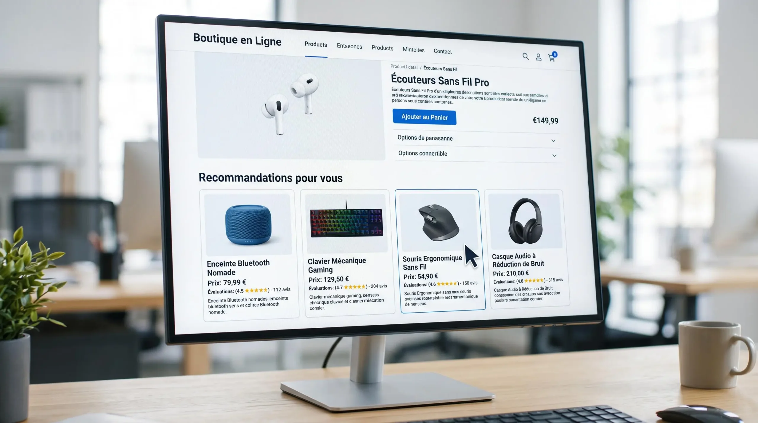 Écran d'ordinateur affichant une interface e-commerce avec section de recommandations produits personnalisées basée sur l'intelligence artificielle