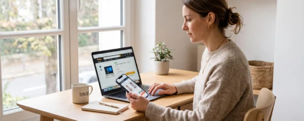 Femme consultant une boutique en ligne sur ordinateur portable et smartphone dans un intérieur contemporain lumineux