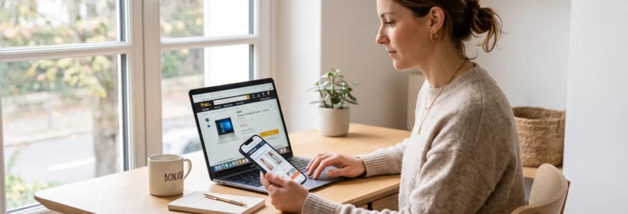 Femme consultant une boutique en ligne sur ordinateur portable et smartphone dans un intérieur contemporain lumineux