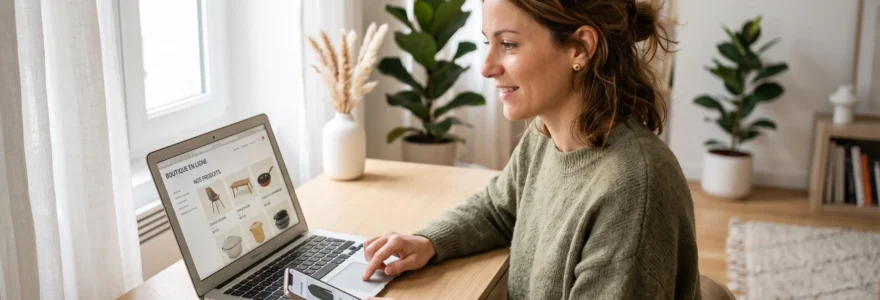 Femme consultant une boutique en ligne sur ordinateur portable et smartphone dans un intérieur contemporain lumineux