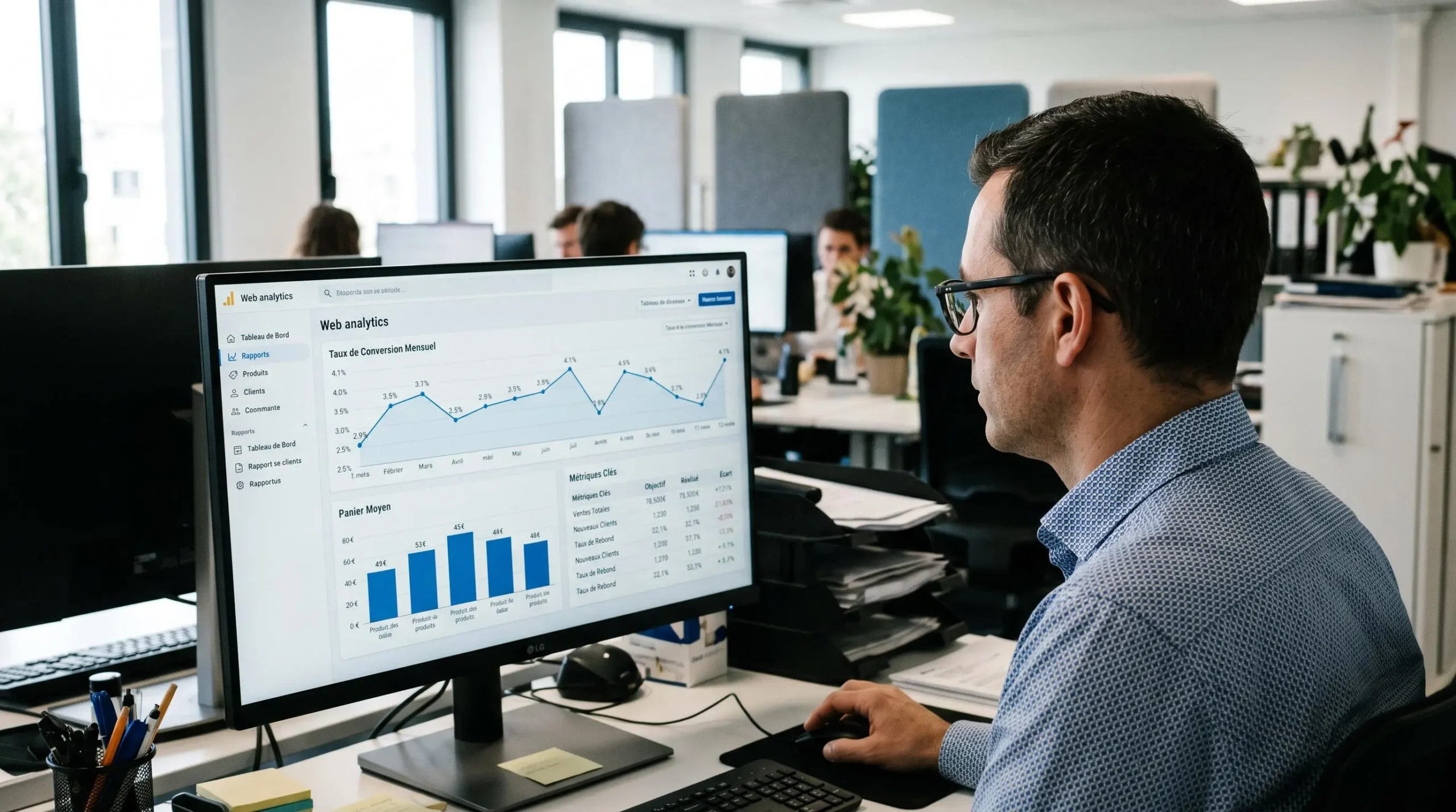 Responsable e-commerce analysant un tableau de bord analytics avec indicateurs de performance et courbes de conversion sur grand écran